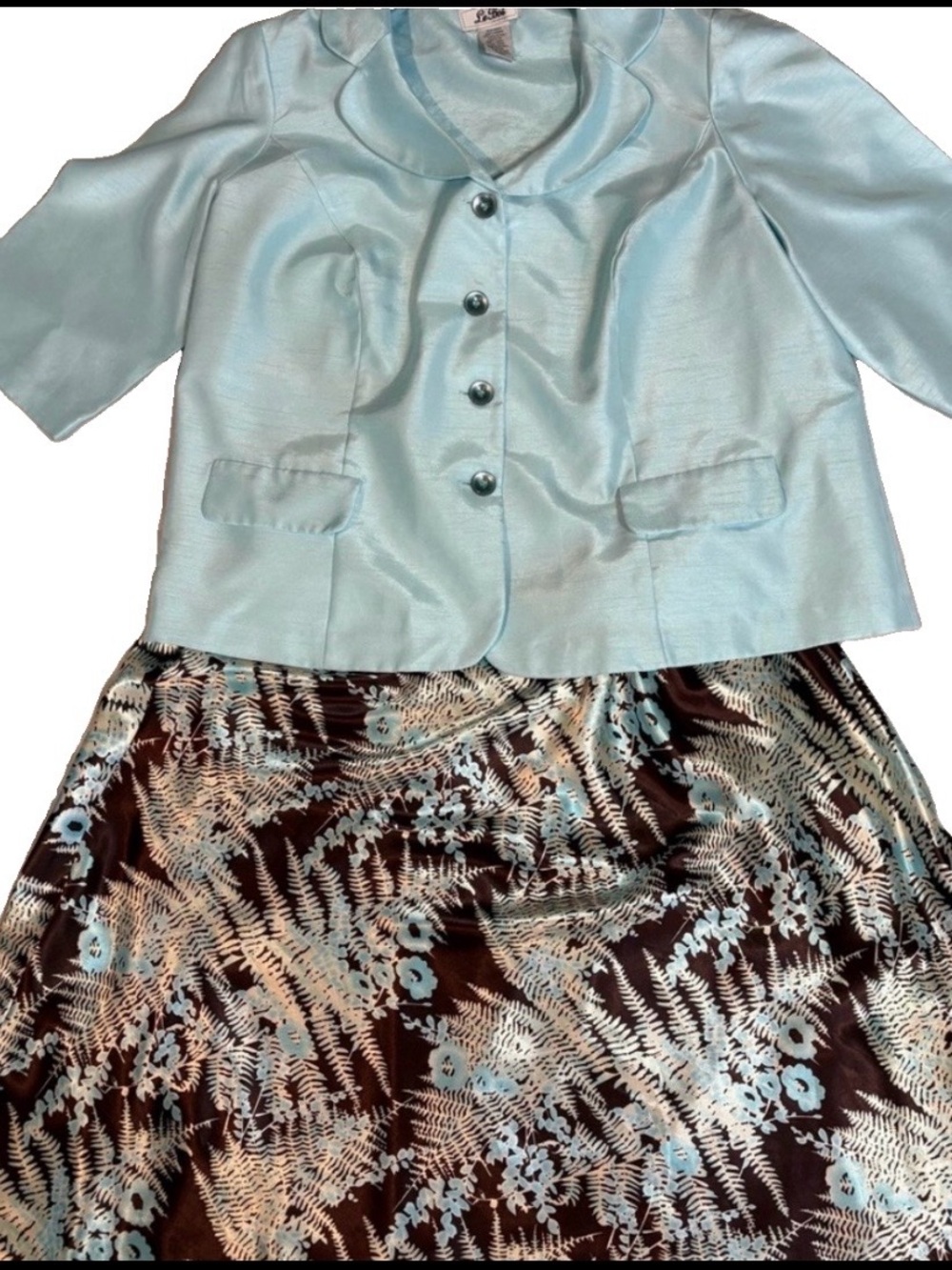 Le Bos 2 Pcs Outfit Light Blue Blazer & Satin Fern Leaf Skirt Set Size 20W
